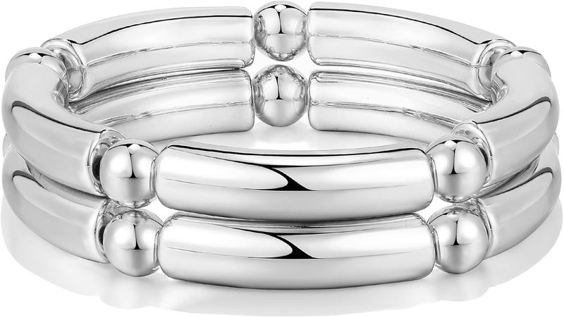 Badu Gold Chunky Bangles Bracelets For Women 14k Gold Plated Stack Layered Curved Bamboo Tube Stretch Bracelets Gift Jewelry - Image 1